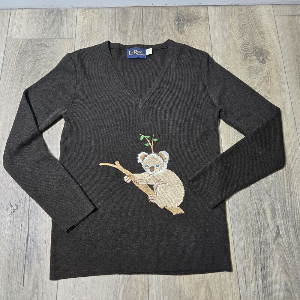 Vintage LeRoy Knitwear Womens Sweater Brown Size‎ Medium Koala Bear Embroidered